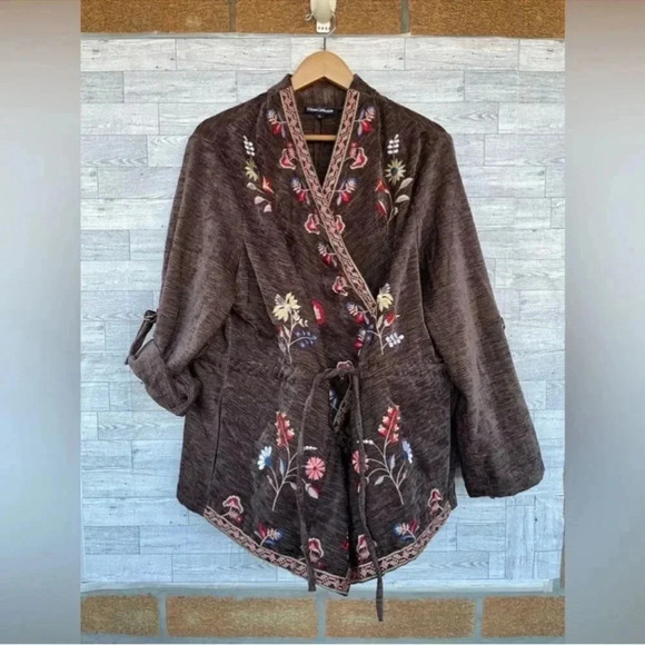 Tolani Collection Embroidered Jacket with Roll-Tab Sleeve - Brown XL - Picture 6 of 9